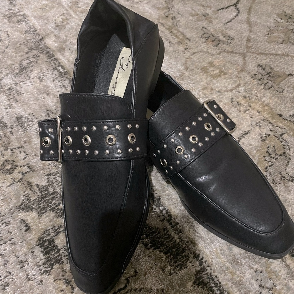 Vintage Havana Black Leather Slip On Loafer with Buckle Detail New without tags